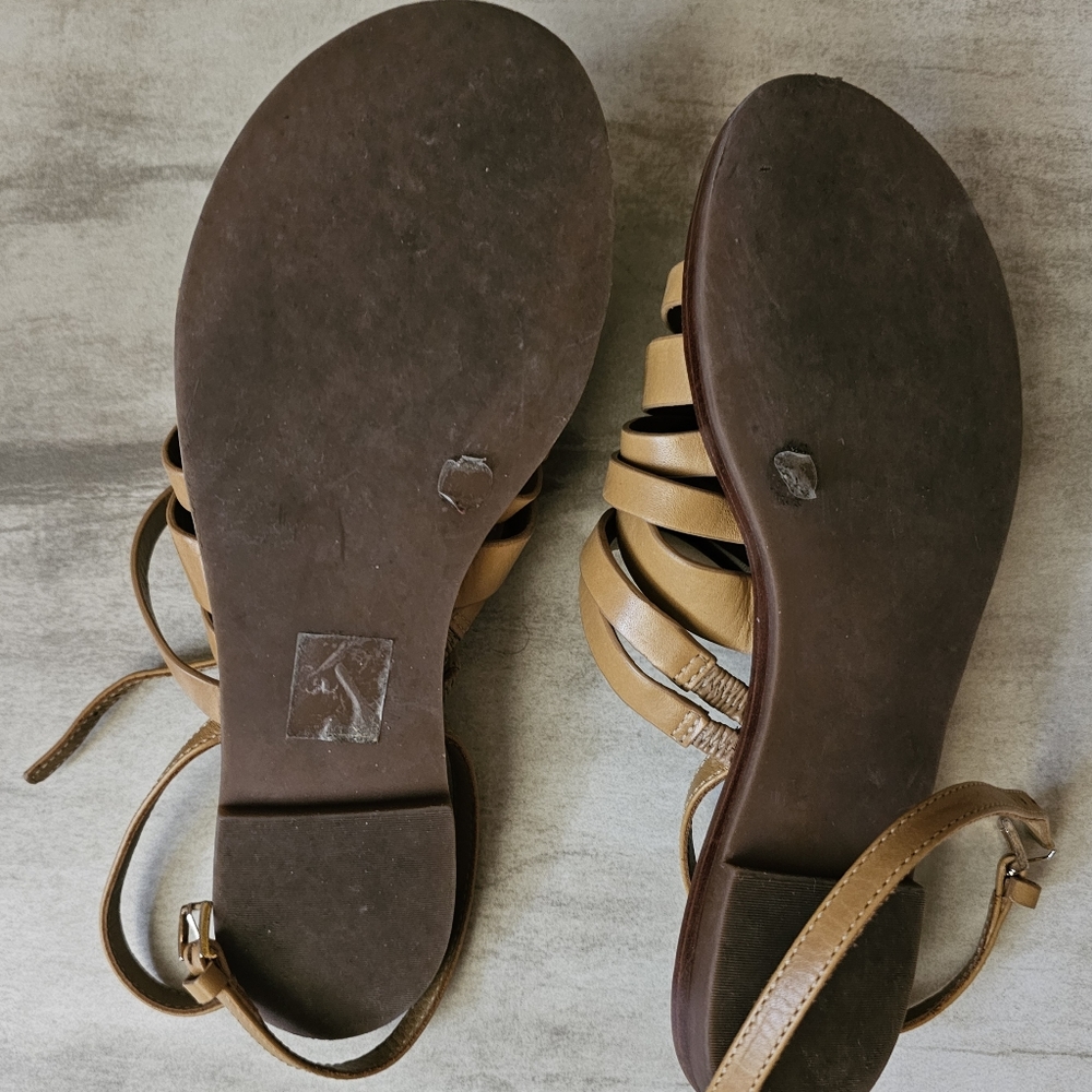 Tory Burch Patos Flat Strappy Sandals Slides Ankle Strap Size 6 Tan Leather - Picture 3 of 4